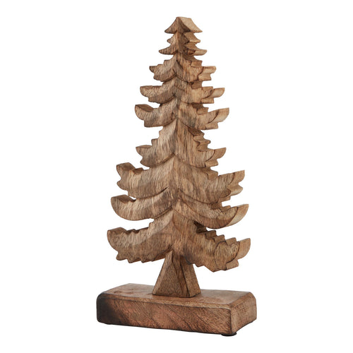 A natural wooden Christmas tree decoration with intricate texture, displayed against a white background.