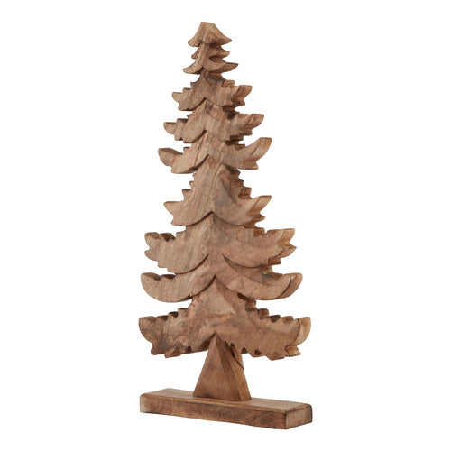A natural wooden large Christmas tree decoration with a rustic texture.