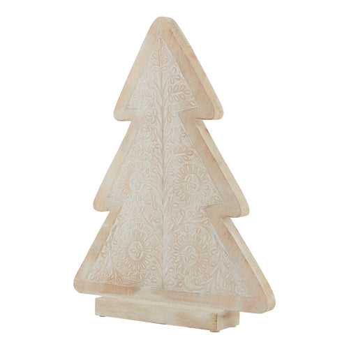 A white-washed wooden decorative tree with a large patterned design, intended for indoor use as a home decor item.