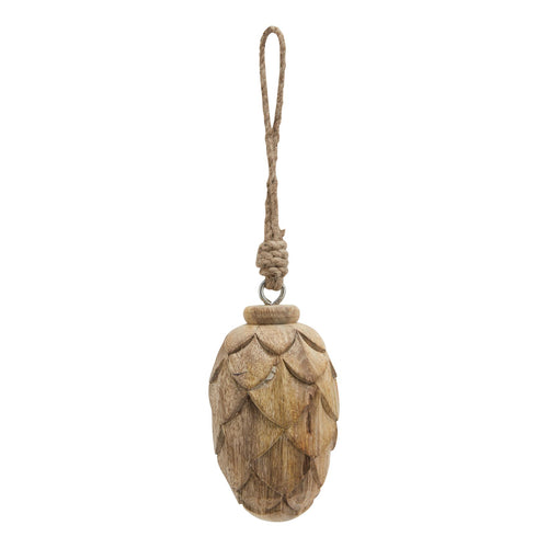 A small wooden pine cone bauble with a rope loop for hanging, showcasing natural wood color and texture.
