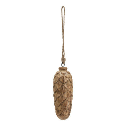 A natural wooden pine cone bauble with a rustic string looped through a small ring at the top for hanging.