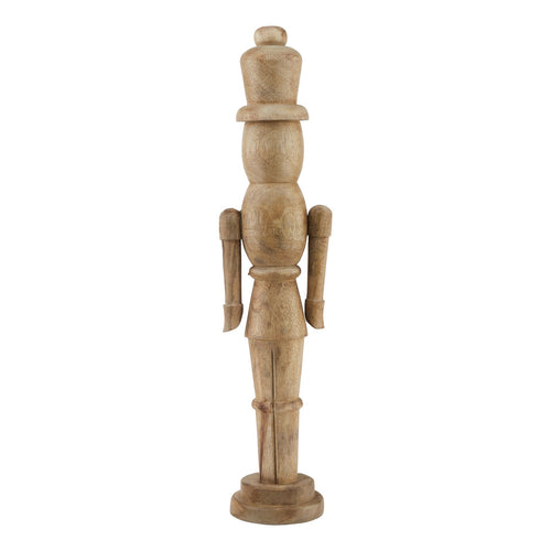 A wooden nutcracker decoration with a natural wood finish.