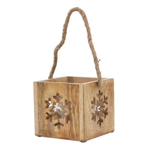 A wooden square candle holder with a snowflake pattern and a jute rope handle.