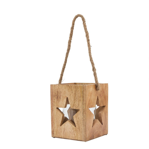A natural wooden star-shaped tealight candle holder with a hanging rope.