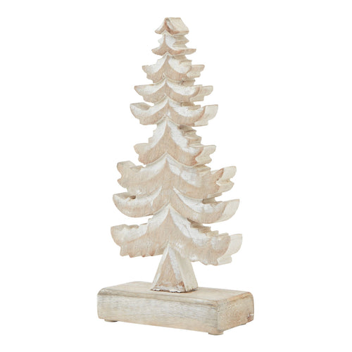 A white-wash wooden tiered tree decoration with a rustic charm.