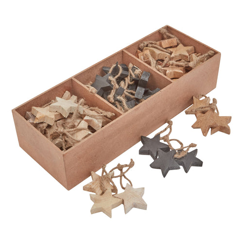 A pack of 90 wooden star hanging decorations displayed in a wooden box with stars in different shades of brown and gray, strung with white thread.