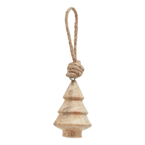 A wooden tree-shaped bauble with a natural wood grain, attached with a string to a loop at the top for hanging.