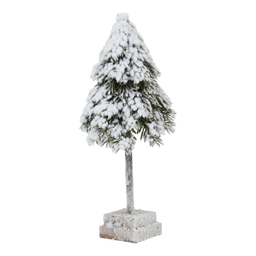 A small artificial cedar tree dusted with snow, placed on a square wooden block base.