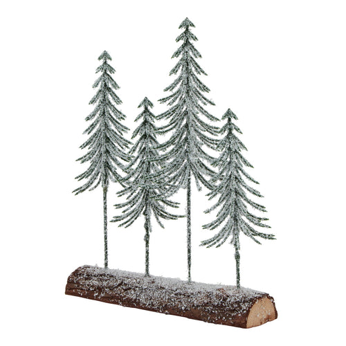 A small decorative snowy spindle tree quad placed on a wood log base, with silver and white colors predominating the scene.
