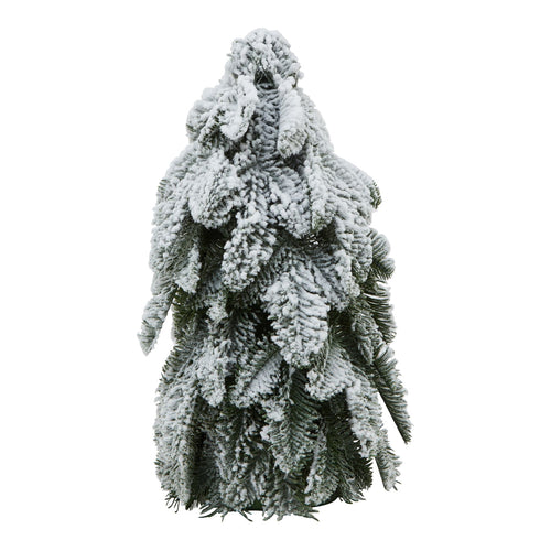A frosted fir tree sculpture with snow-dusted branches, resembling a Christmas tree, used as a decorative item.