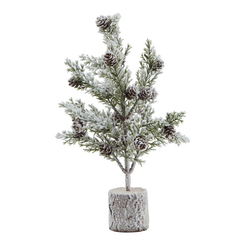 A small artificial snowy fir tree with pinecones in a wooden log base