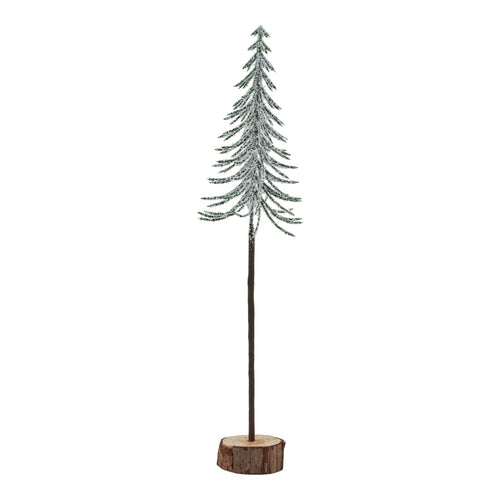 A large artificial snowy spindle tree with a wood log base, intended as a decorative holiday item.