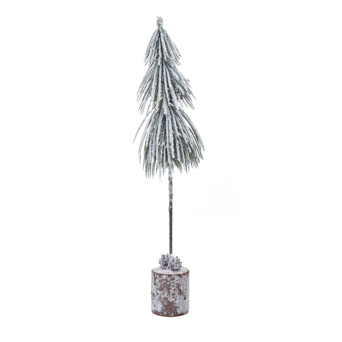 A small decorative tree with snowy branches set in a wood log base.