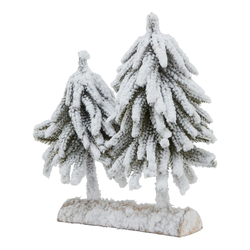 Two artificial snow-covered fir trees placed on a rustic wood log base.