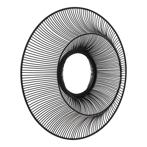 A black wire-framed circular mirror with a contemporary design, featuring an intricate pattern of wires that create a sense of visual depth.