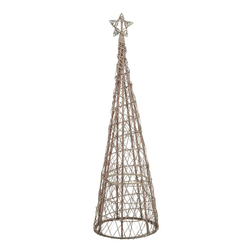 A large wicker Christmas tree with a star topper, illuminated by LED lights, providing a warm glow.