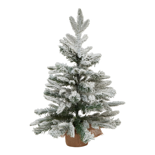 A medium-sized artificial snowy spruce tree with a burlap-wrapped base, standing against a white background.