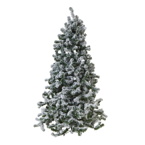 A lifelike artificial snowy spruce tree with a full silhouette and realistic needle detailing, covered in snow.