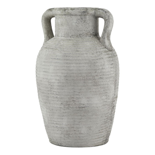 A gray stone amphora pot with weathered textures and twin handles.