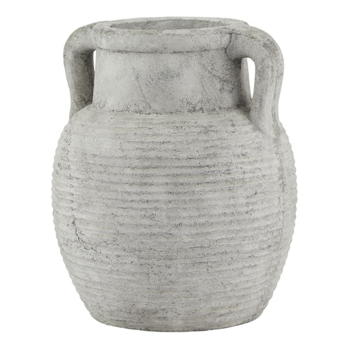 A weathered grey stone amphora pot with ribbed texture and two handles.