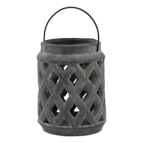 A gray lattice lantern with intricate geometric patterns, suitable for home decor.