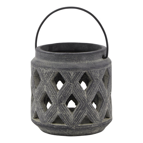 A gray ceramic lantern with a geometric lattice pattern and a black metal handle on top.