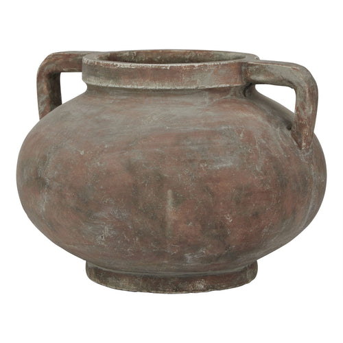 A large, brown terracotta pelike pot with twin handles, featuring a weathered patina.