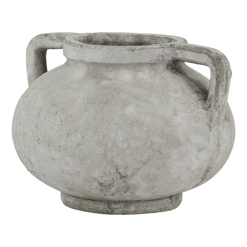 A gray stone pelike pot with two handles, suitable for faux flowers.