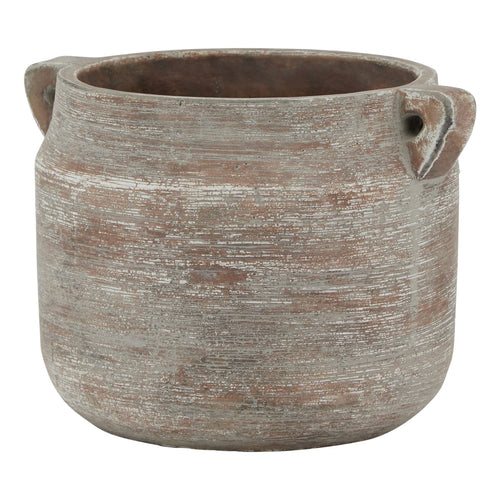 A brown ceramic Hydria pot with earthen tones and handles on the sides.