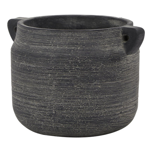 A gray ceramic Hydria pot with a weathered finish and handles on the sides.