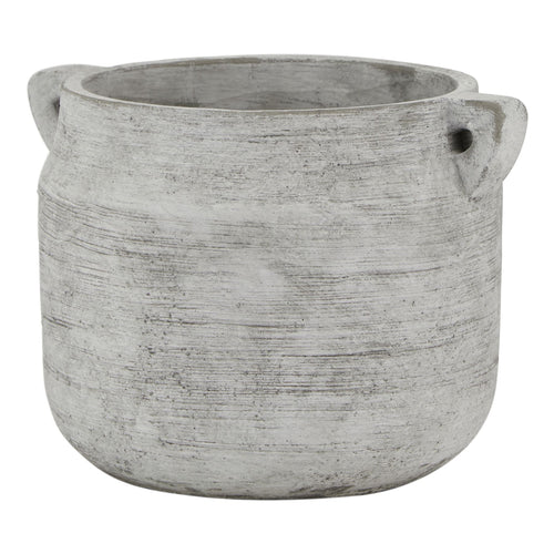 A gray stone hydria pot with a weathered finish and handles on the sides.