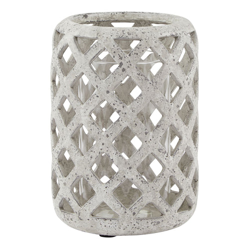 A matte grey stone-effect hurricane lantern with a geometric cut-out design.