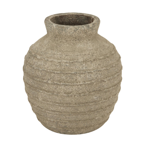 A medium-sized grey ceramic vase with a textured surface, cylindrical in shape, with a wider mid-section and a narrower top.