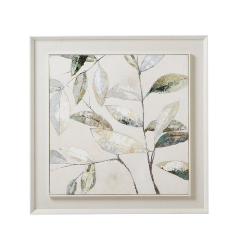 A framed painting on canvas featuring a delicate leaf motif with soft, muted tones, set in a white frame.