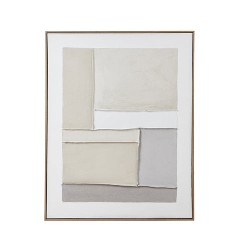 A contemporary abstract painting featuring geometric composition in neutral tones, framed in a champagne frame.