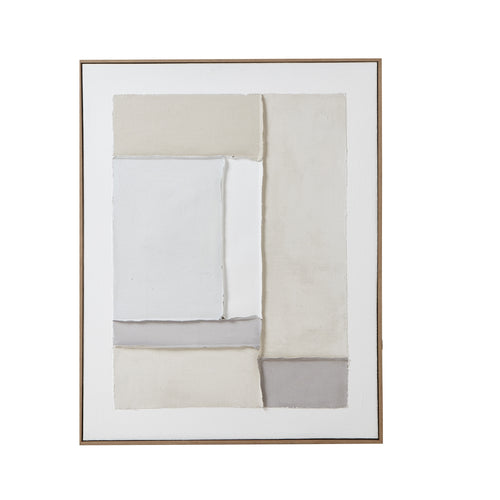 A contemporary abstract painting featuring geometric blocks of soft greys, whites, and beige tones, framed in a sleek champagne frame.