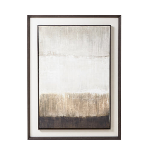An extra large contemporary painting with neutral tones mounted in a dark frame, displayed against a white background.