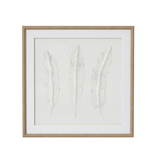 A white feather artwork mounted in a champagne-toned beaded frame.