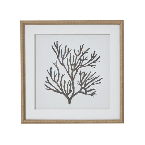 A mounted and framed artwork depicting a coral silhouette, with a black and white color scheme, displayed against a white wall.