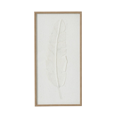 A single white feather mounted on a white background within a beaded frame.