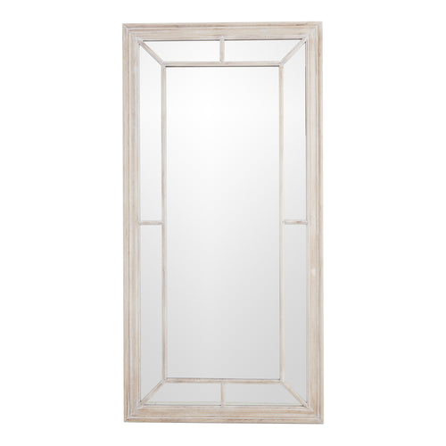 A large rectangular window mirror with a washed wood frame and paned design.