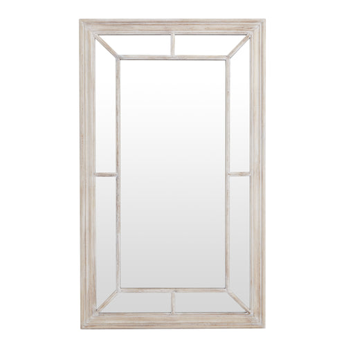 A large rectangular mirror with a washed wood frame featuring a window pane design.