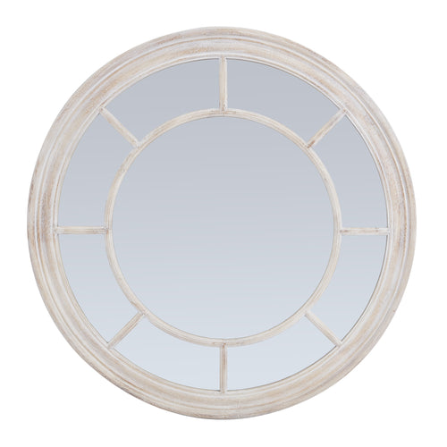 A round mirror with a washed wood frame featuring a weather-worn patina.