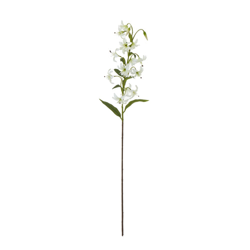 A single artificial white lily flower stem with green leaves against a white background.
