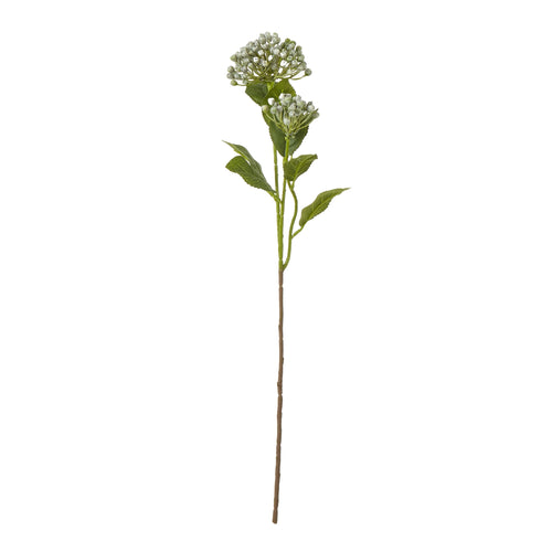 A single artificial blue hydrangea spray with green leaves and a slender stem against a white background.