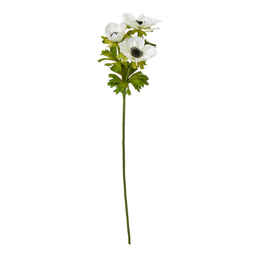 A single stem faux white anemone flower with green leaves.