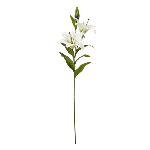 A single artificial White Madonna Lily spray with ivory-hued blooms and green foliage against a white background.
