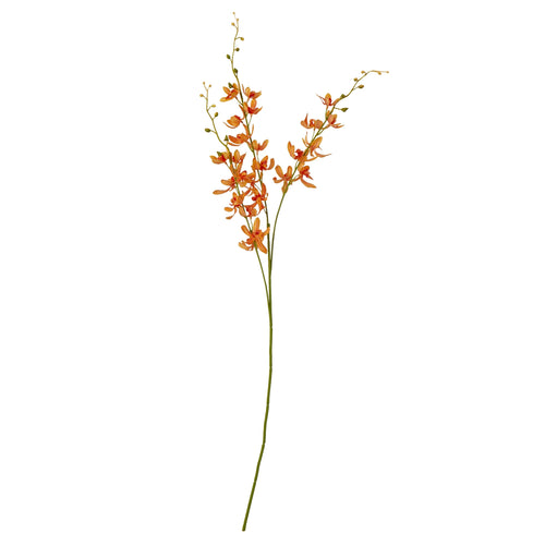 A synthetic orange cymbidium orchid spray with green stems and delicate petals.
