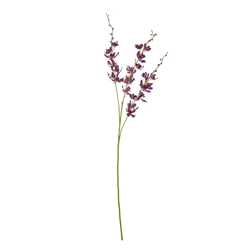 A lifelike artificial floral spray with orchid-like blossoms in purple color.