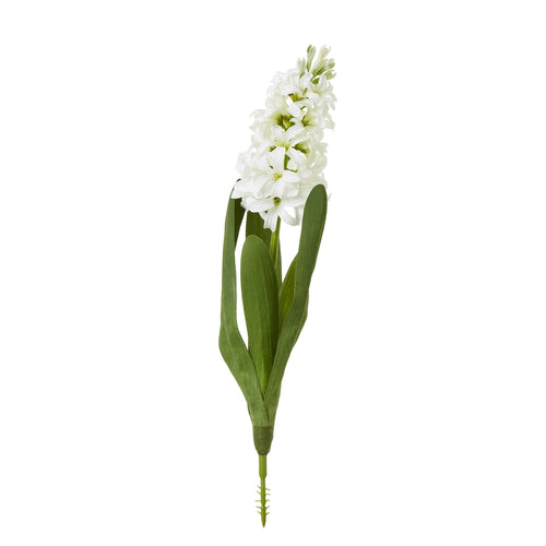 A faux white Hyacinth stem with green leaves and a cluster of white florets.